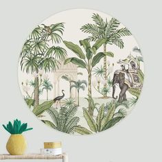 an elephant and flamingos in the jungle on a white background with green palm trees