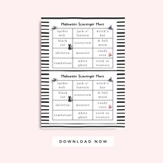 the halloween scavenger printable is shown on a pink background with black and white stripes