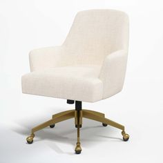 a white office chair with gold wheels on a white background