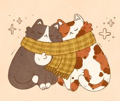 two cats are hugging each other with a scarf around their necks