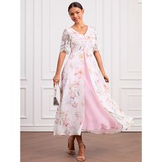 Season:Summer; Fabric:Chiffon,Polyester; Sleeve Length:Short Sleeve; Gender:Women's; Style:Stylish,Elegant; Elasticity:Inelastic; Occasion:Vacation,Daily; Fit Type:Regular Fit; Dresses Type:A Line Dress; Pattern:Floral; Design:Buttons,Lace; Neckline:V Neck; Brand:Shall We; Front page:FF; Listing Date:07/19/2024; Bust:null; Length:null; Sleeve:null; Waist:null; Fit US Size:null; Fit UK Size:null; Fit EU Size:null; Dress Length Type:Maxi Dress; Print Type:Print Wedding Guest Cocktail Dress, Cocktail Dress Floral, Maxi Dress Elegant, V Neck Maxi Dress, Floral Cocktail Dress, Lace Button, Stylish Party, Lace Neckline, Dress Elegant