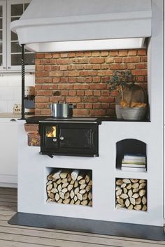 a stove top oven sitting inside of a kitchen next to a pile of firewood