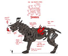 a drawing of a dog with its parts labeled in red and black ink on a white background