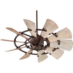 a ceiling fan with wooden blades on it