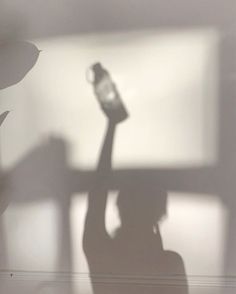 the shadow of a person holding up a bottle in front of a window with sunlight coming through it