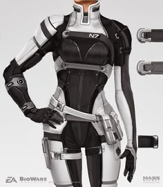 an image of a futuristic woman in black and white outfit with her hands on her hips