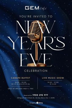 the new year's eve celebration flyer with a microphone and stars in the background