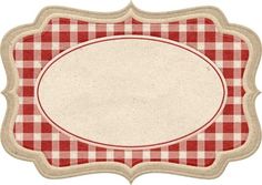 a red and white checkered table cloth with a round frame on it's center