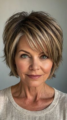 Stylish Short Hairstyles for Women Over 50 Hair Styles With Short Bangs, Short Shag With Bangs Layered Cuts, Woman Short Hairstyles, Short Hair Highlights And Lowlights, Short Hairstyle Women Easy, Quick Easy Hairstyles For Short Hair, Layered Short Haircut, Blonde Highlights Short Hair, Short Shaggy Bob