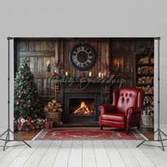 a living room scene with a fireplace and christmas tree in the corner, surrounded by logs