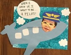 a child's paper airplane with a speech bubble above it that says when i grow up, i want to be a pilot