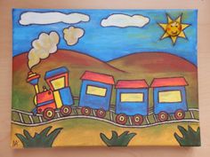 a painting of a train going down the tracks with a sun in the sky above it