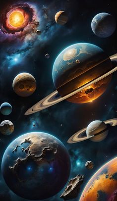 an artist's rendering of the solar system with planets and stars in the background