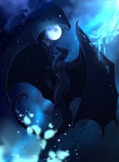 a black dragon flying through the night sky