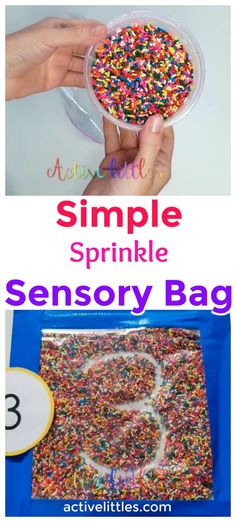 a bag filled with sprinkles and the words, simple sprinkle sensory bag