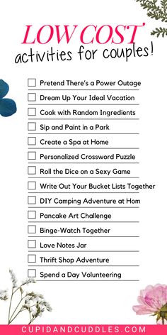 a list with the words low cost activities for couples on it and flowers in the background