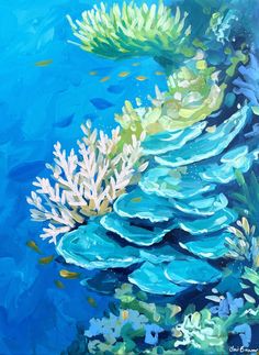 an oil painting of blue water with white corals and seaweed on the bottom