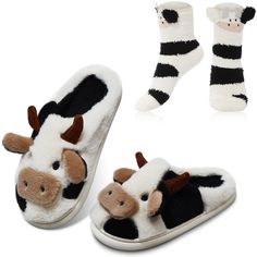 PRICES MAY VARY. Adorable Slippers and Socks Set: what you will receive are 1 pair of cow slippers and 1 pair of cow socks, nice combination for your daily wearing demands, with vivid and lifelike appearance, they are in lined with most women's taste Wear with Comfort: the fluffy cow slippers are made of soft faux fur, which are skin friendly, non slip, tightly stitched side edges to keep water from ingress, keeping your feet cozy, breathable at home, while the cow fuzzy socks are made of coral Kawaii Slippers, Cow Socks, Cow Slippers, Slippers Cute, Kawaii Socks, Fluffy Cows, Animal Slippers, Bed Socks, Cute Slippers