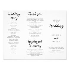 three wedding program cards with calligraphy on them