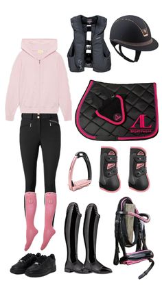 a woman's equestrian gear including riding boots, helmet and boot covers is shown