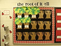 a bulletin board with the words root of it all written on it