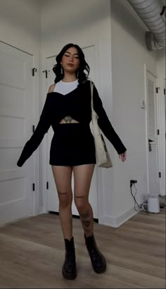 Casual Alternative Outfits Winter, Alt Dressy Outfits, Short Slip Dress Outfit Winter, Dark Femme Outfits Summer, All Black Outfit 2023, Black Causal Outfit, Megmurayama Outfits, Meg Murayama Outfits, Alternative Going Out Outfit