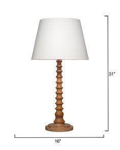 a wooden lamp with a white shade on the base and measurements for each light fixture