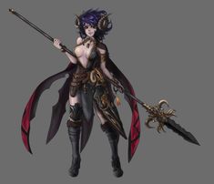 a woman with horns holding two swords in one hand and wearing an elaborate outfit on the other