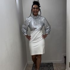 Never Worn. High Neck, Long Sleeves. Midi Length. Great Condition Dresses Silver, White Party Dress, Boston Proper Dresses, White Dress Party, Boston Proper, White Party, Silver Dress, Silver Glitter, Midi Length