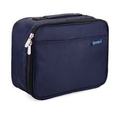 a blue toilet bag with zippers on the front and side, sitting against a white background