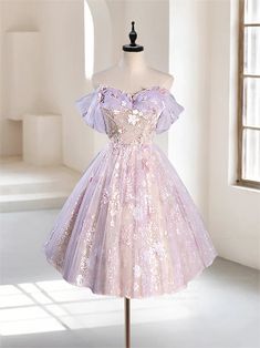 Homecoming Dresses,A-Line Off Shoulder Tulle Lace Purple Short Lilac Homecoming Dress Hoco, Lavender Dress Short Casual, Damas Purple Dresses, Rapunzel Dama Dresses, Light Purple Dress Short Quinceanera, Purple Dresses For Damas, Sparkle Purple Dress, Tangled Hoco Theme Dress, Tangled Themed Homecoming Dress