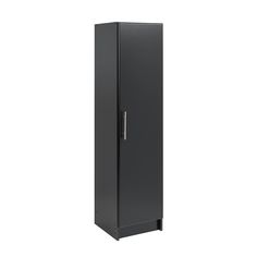 a tall black metal cabinet on a white background with clippings to the bottom