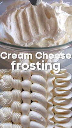 three different types of cream cheese frosting in glass bowls with spoons on the side