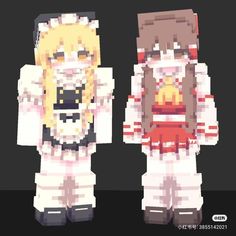 two paper dolls made to look like they are in pixellated style, one is blonde and the other is white