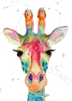 a painting of a giraffe's head with colorful paint splatters on it