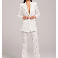 Romantic White Blazer & Matching Pants. Made From Luxurious Lace Embroidered With Sequins. Fully Lined With Soft Mesh And Satin Detailing For An Added Touch Of Elegance. Satin Button To The Front And Sleeve Cuff, Satin Trim Detailing, Pocket Detailing. Perfect For A Bride. All Tags On, In Original Boxes. White Lace Pants, Wedding Brainstorming, White Pantsuit, Nadine Merabi, Lace Suit, Lace Blazer, White Suit, Lace Pants, White Trousers