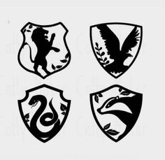 four shields with different logos on them, each one has an eagle and the other two are