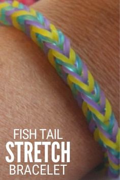 a close up of a person wearing a fish tail bracelet on their arm with text overlay that reads, fish tail stretch bracelet