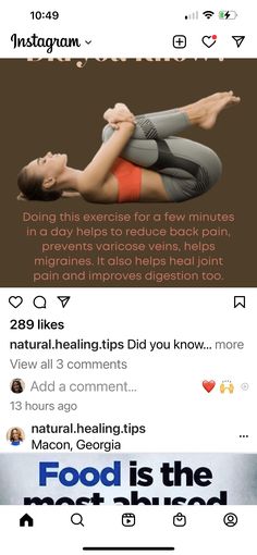 the instagram page shows an image of a woman doing yoga on her stomach and back