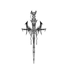 a black and white drawing of a cross with horns on it's back end