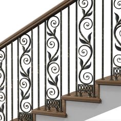 an iron stair railing with wood handrails and decorative scroll work on the balconies