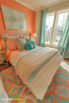 Bright Boho bedroom with coral and teal accents, cozy textiles, and modern decor. Coral Bedding Ideas, Coral Rooms Bedrooms, Teal And Salmon Bedroom, Coral Color Palette Bedroom, Coral And Teal Bedroom Ideas, Bright Colorful Bedroom Ideas, Coral Beach Bedroom, Teal Curtains Living Room Ideas, Coral And Blue Bedroom