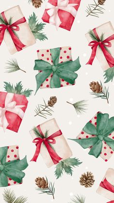 watercolor christmas wrapping with pine cones and bows