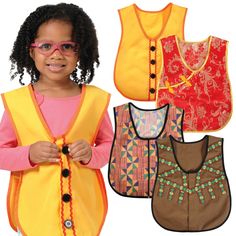 Dressing Vests - Set of 4 Girls 16, Dress Up Outfits, Fabric Designs, Dramatic Play, Book Girl, Kids Backpacks, Latin America, Early Learning, Playing Dress Up