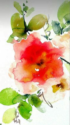 watercolor painting of red and yellow flowers on white paper with green leaves around it