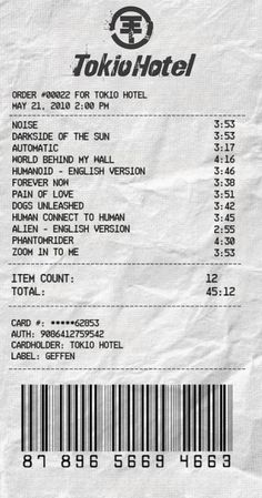 the receipt for tokyo hotel is shown in black and white, with barcodes on it