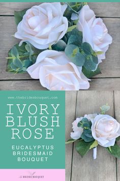 two white roses with green leaves are on the cover of this brochure for ivory blush rose eucalyptus bridesmaid bouquet