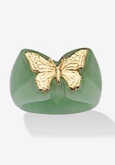 Playful, yet elegant, this charming green jade butterfly ring is designed as an unforgettable ornament for your finger. An artful fashion-forward fun edge crafted in 14k gold. Sizes 5-9. As this item contains genuine jade, the actual stone colors may vary slightly. We recommend ordering one size up for this style.Main Stone: 1 Special Cabachon Cut Genuine Green Jade, 24 mm x 17 mm14k Yellow GoldDimensions: 17 mm wide x 24 mm long x 4.5 mm highIncludes gift box and drawstring pouchImported | Wome Jade Butterfly, Gold Butterfly Ring, Green Ring, Dope Jewelry, Butterfly Ring, Jade Ring, Jade Jewelry, Gold Butterfly, Ring Style