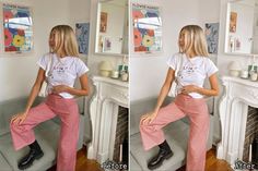 a woman sitting on top of a couch wearing red and white checkered pants