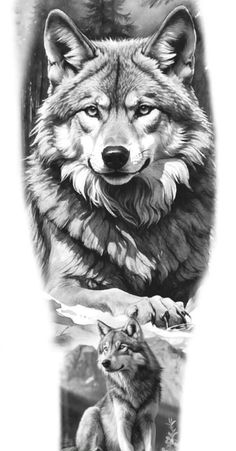 an image of two wolfs with their faces on each side of the tattoo design